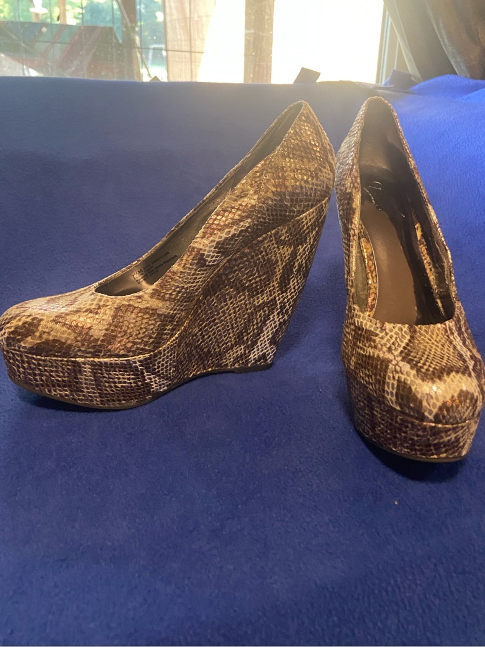 Carlos by Carlos Santana Snake-Print Wedge Pumps in Brown and Cream